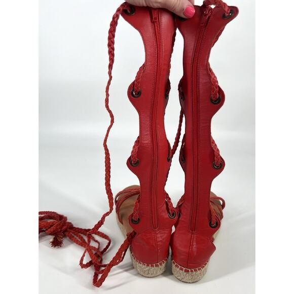 FREE PEOPLE Red Braided Leather Bondi Tall Gladiator Espadrilles Sandals - Picture 10 of 16